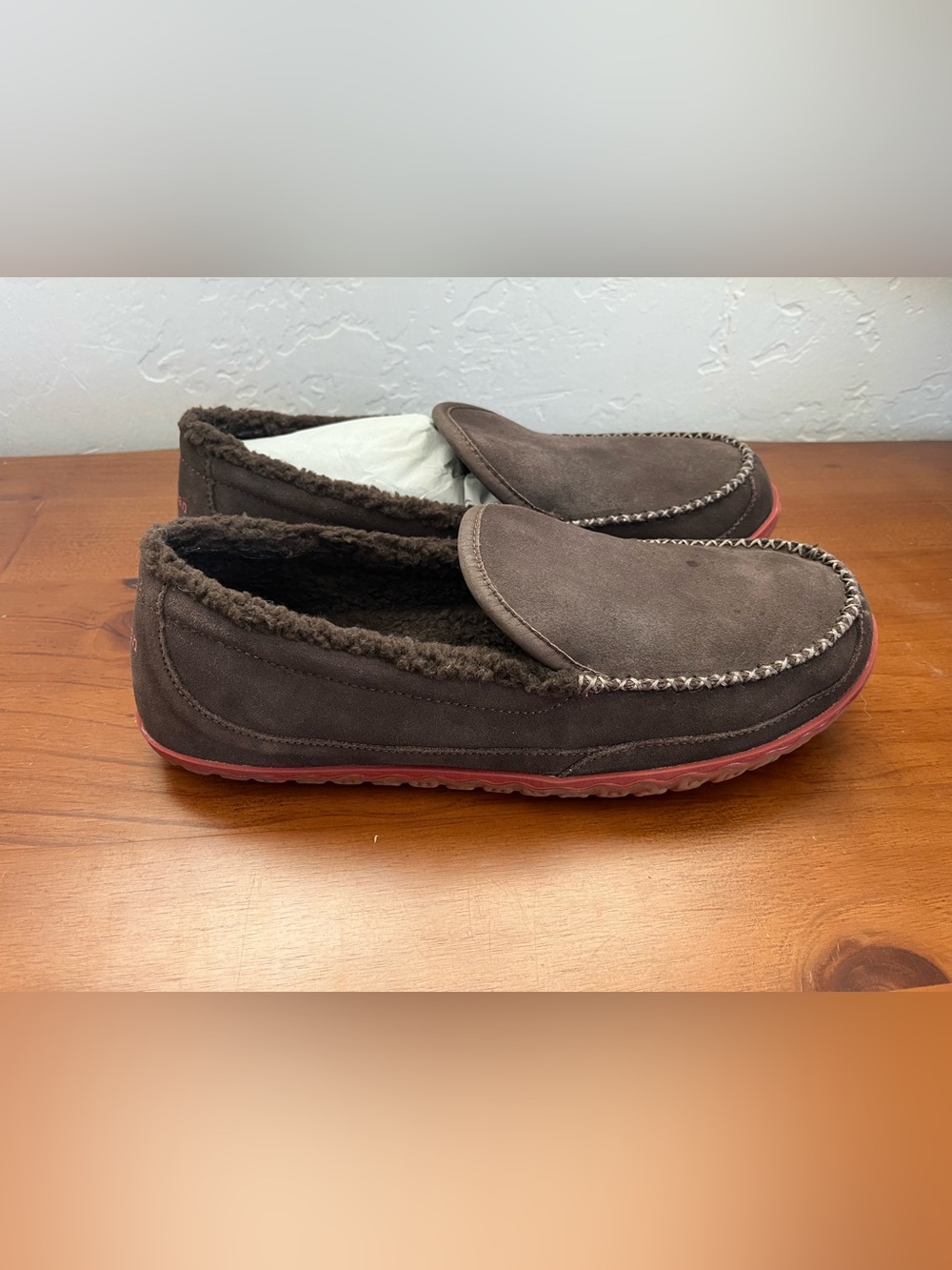 L.L. Bean Men's Dark Brown Suede Moccasin Slippers with Red Outsole